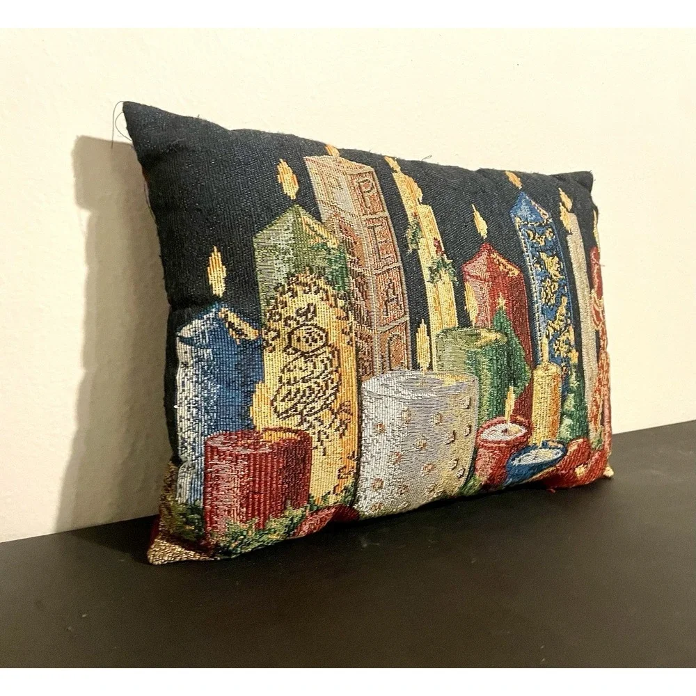 Vintage Holiday Multicolor Candlesticks Tapestry Pillow Gold Thread‎